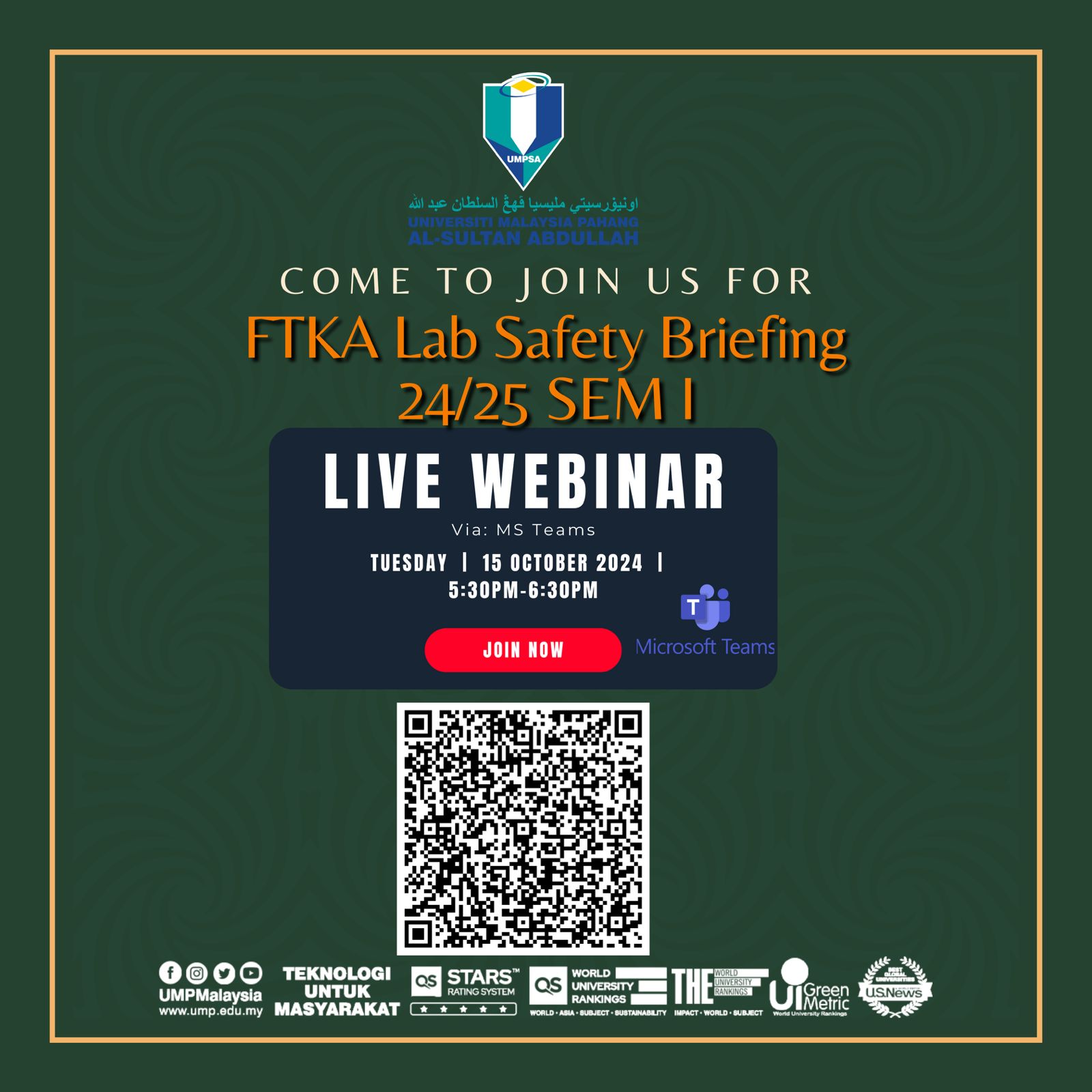 Webinar on Lab Safety Briefing for Final Year Project & Senior Design Project II, Faculty of Civil Engineering Technology, Universiti Malaysia Pahang Al-Sultan Abdullah Semester I Academic Session 2024/2025 Students on 15th October 2024